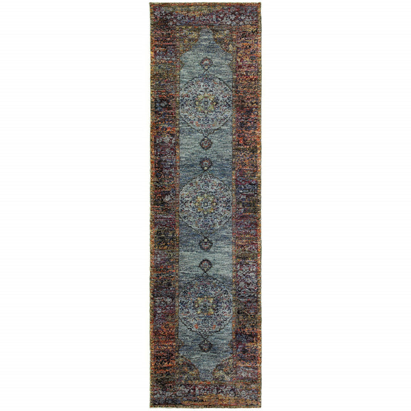 Homeroots 8' Runner Blue And Beige Oriental Power Loom Runner Rug  Other Material 510133
