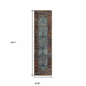 Homeroots 8' Runner Blue And Beige Oriental Power Loom Runner Rug  Other Material 510133