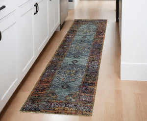 Homeroots 8' Runner Blue And Beige Oriental Power Loom Runner Rug  Other Material 510133