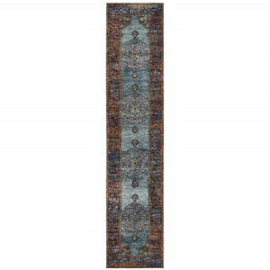 Homeroots 12' Runner Blue And Red Oriental Power Loom Runner Rug  Other Material 510134