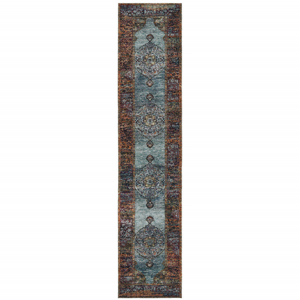 Homeroots 12' Runner Blue And Red Oriental Power Loom Runner Rug  Other Material 510134