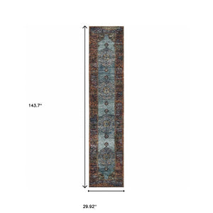 Homeroots 12' Runner Blue And Red Oriental Power Loom Runner Rug  Other Material 510134