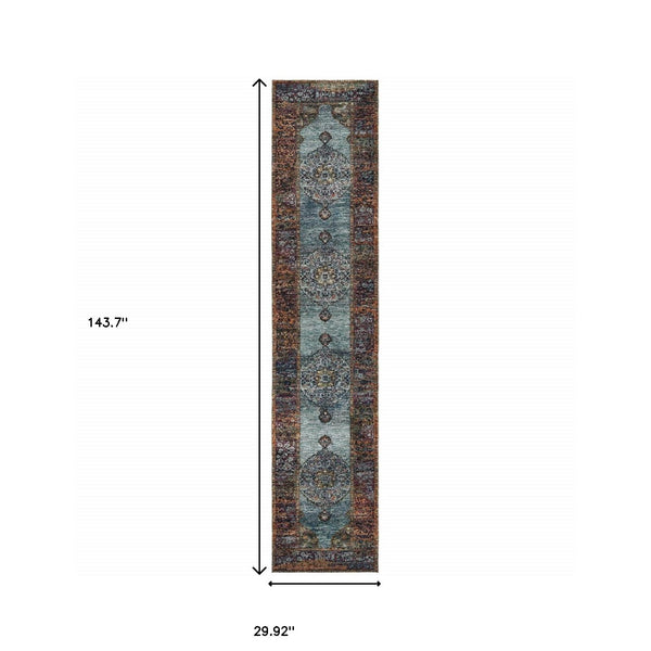 Homeroots 12' Runner Blue And Red Oriental Power Loom Runner Rug  Other Material 510134