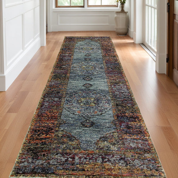 Homeroots 12' Runner Blue And Red Oriental Power Loom Runner Rug  Other Material 510134