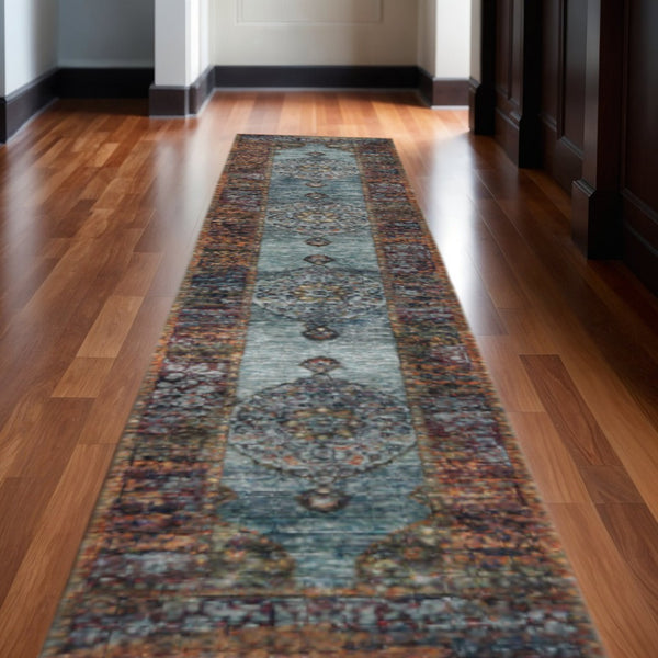 HomeRoots 10' Elegant Blue and Beige Oriental Power Loom Area Rug – Durable, Stylish, Stain-Resistant Design 2'6" x 12' 510134