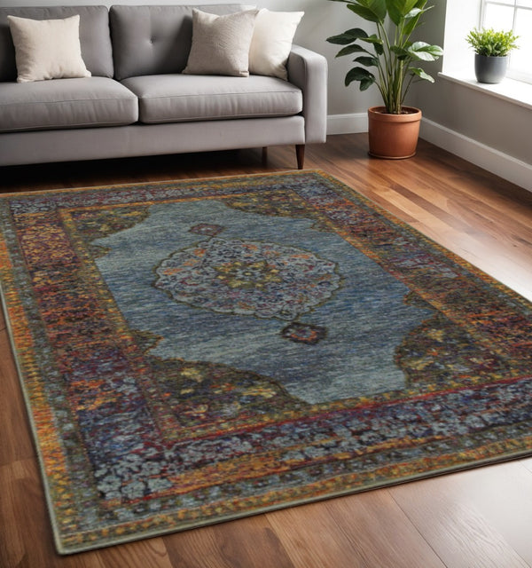 HomeRoots 10' Elegant Blue and Beige Oriental Power Loom Area Rug – Durable, Stylish, Stain-Resistant Design 5' X 7' Rectangle 510136