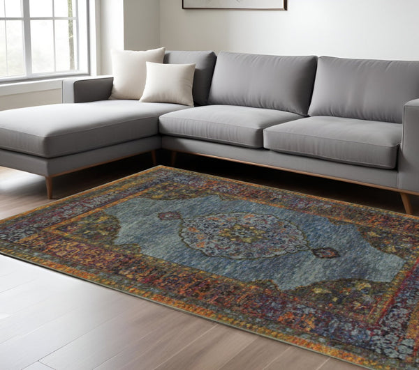 HomeRoots 10' Elegant Blue and Beige Oriental Power Loom Area Rug – Durable, Stylish, Stain-Resistant Design 7' X 10' Rectangle 510137
