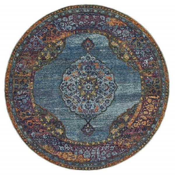 Homeroots 8' Blue And Beige Round Oriental Power Loom Area Rug  Other Material 510138