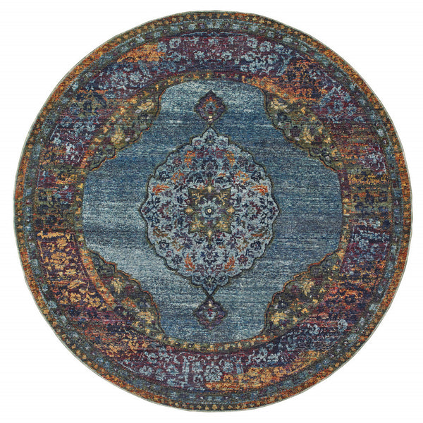Homeroots 8' Blue And Beige Round Oriental Power Loom Area Rug  Other Material 510138