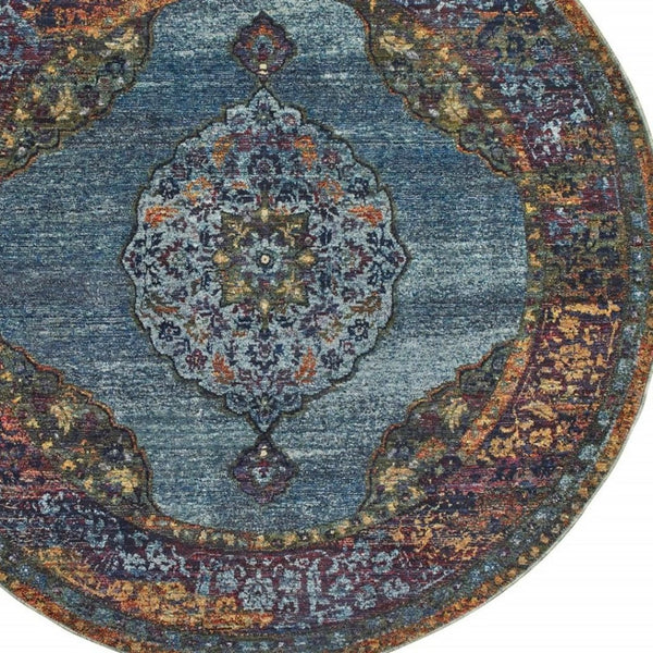 HomeRoots 10' Elegant Blue and Beige Oriental Power Loom Area Rug – Durable, Stylish, Stain-Resistant Design 8' Round Round 510138