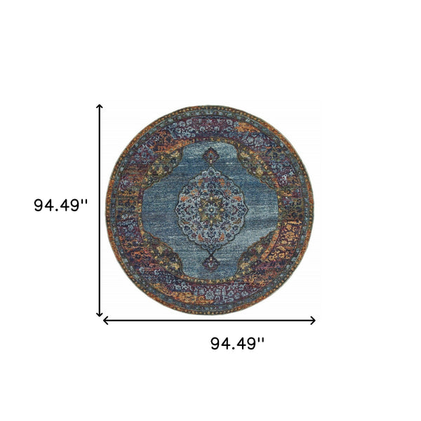 Homeroots 8' Blue And Beige Round Oriental Power Loom Area Rug  Other Material 510138