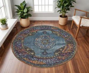 HomeRoots 10' Elegant Blue and Beige Oriental Power Loom Area Rug – Durable, Stylish, Stain-Resistant Design 8' Round Round 510138