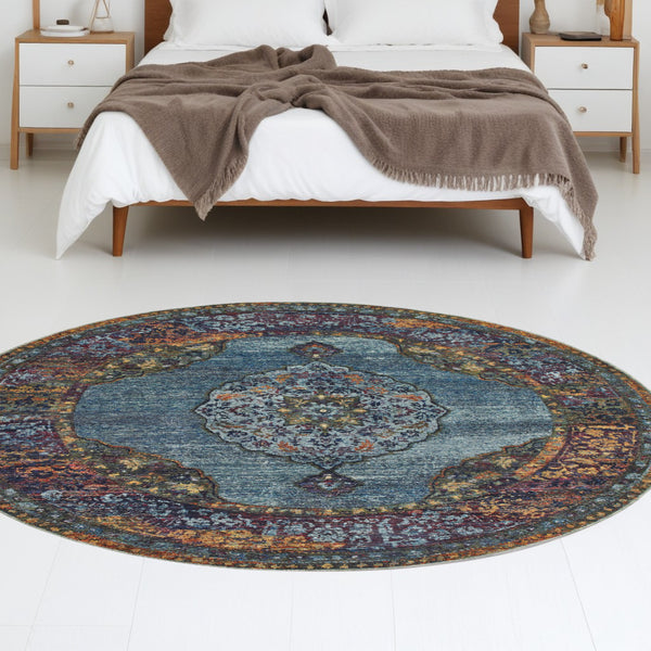 Homeroots 8' Blue And Beige Round Oriental Power Loom Area Rug  Other Material 510138