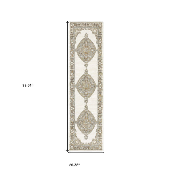 Homeroots 8' Runner Beige And Ivory Oriental Power Loom Runner Rug  Other Material 510143
