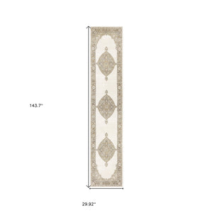 Homeroots 12' Runner Beige And Ivory Oriental Power Loom Runner Rug  Other Material 510144