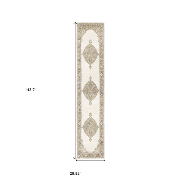 Homeroots 12' Runner Beige And Ivory Oriental Power Loom Runner Rug  Other Material 510144