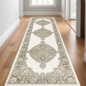 Homeroots 12' Runner Beige And Ivory Oriental Power Loom Runner Rug  Other Material 510144
