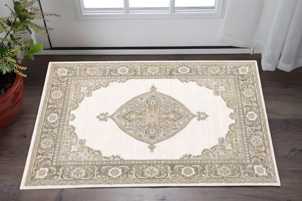 HomeRoots 10' Elegant Beige and Ivory Oriental Power Loom Area Rug for Timeless Home Décor and Durability 3' x 5' 510145