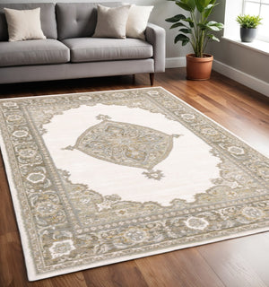 HomeRoots 10' Elegant Beige and Ivory Oriental Power Loom Area Rug for Timeless Home Décor and Durability 5' X 7' 510146