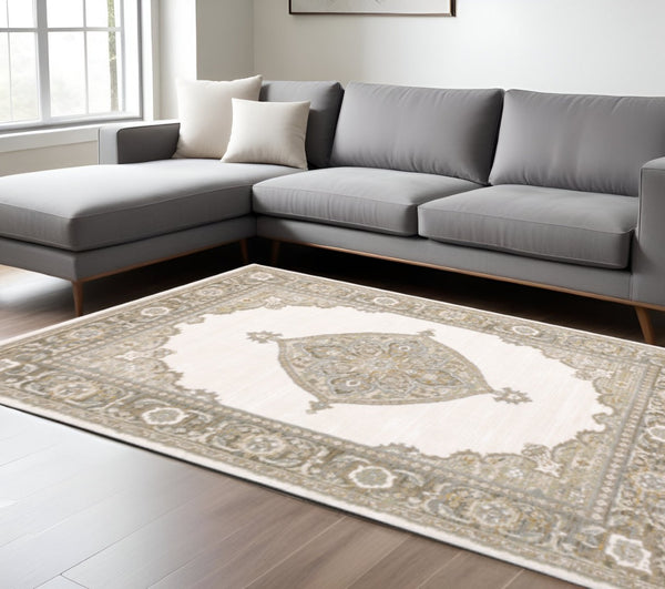 HomeRoots 10' Elegant Beige and Ivory Oriental Power Loom Area Rug for Timeless Home Décor and Durability 9' X 12' 510149