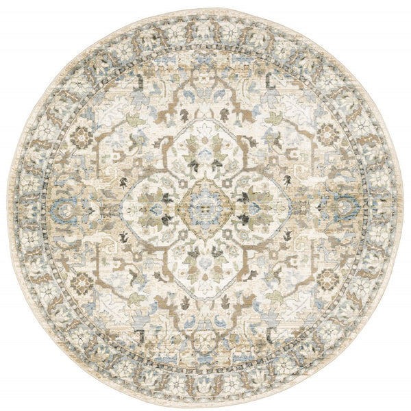 HomeRoots 2' Elegant Beige and Ivory Medallion Runner Rug - Timeless Style for Hallways and Entryways 7'10" Round 510150
