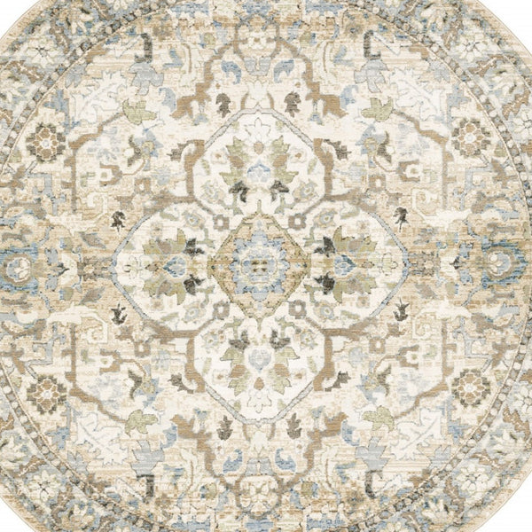 HomeRoots 2' Elegant Beige and Ivory Medallion Runner Rug - Timeless Style for Hallways and Entryways 7'10" Round 510150