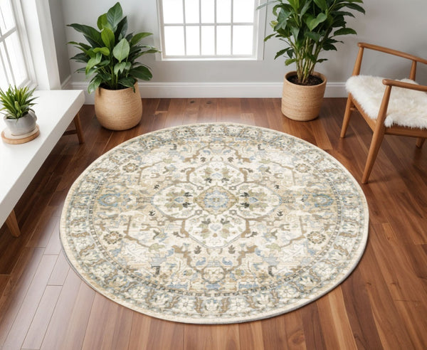 HomeRoots 2' Elegant Beige and Ivory Medallion Runner Rug - Timeless Style for Hallways and Entryways 7'10" Round 510150