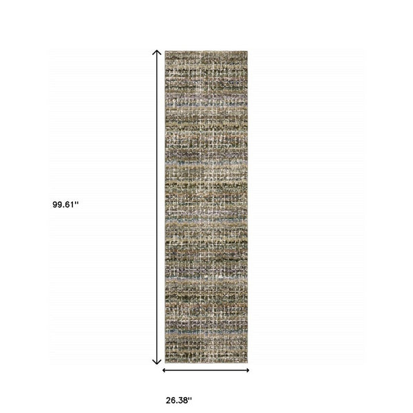 HomeRoots 10' Modern Gray and Ivory Abstract Area Rug - Durable, Stylish, Stain-Resistant for Any Room Green/ Multi 2'3" x 8' 510155