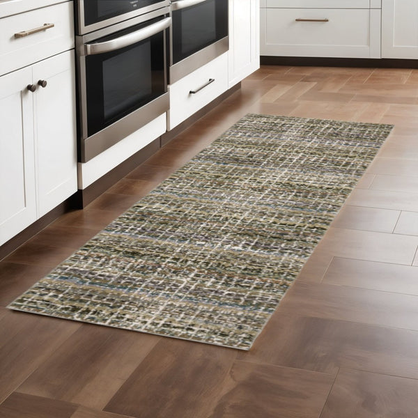 HomeRoots 10' Modern Gray and Ivory Abstract Area Rug - Durable, Stylish, Stain-Resistant for Any Room Green/ Multi 2'3" x 8' 510155