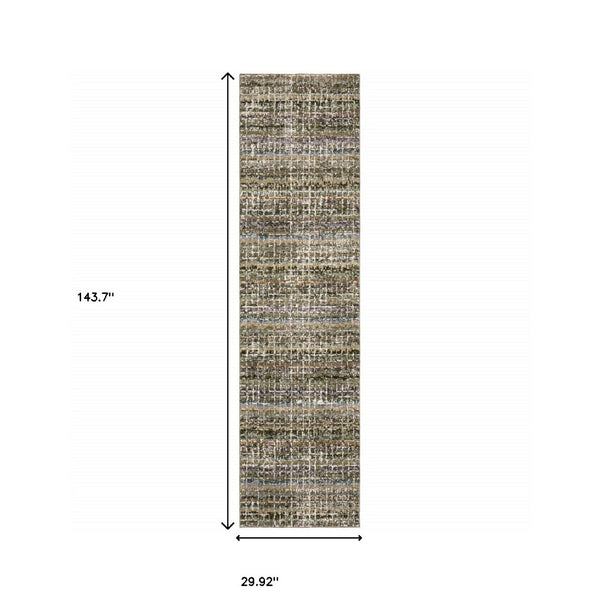 HomeRoots 10' Modern Gray and Ivory Abstract Area Rug - Durable, Stylish, Stain-Resistant for Any Room Green/ Multi 2'6" x 12' 510156