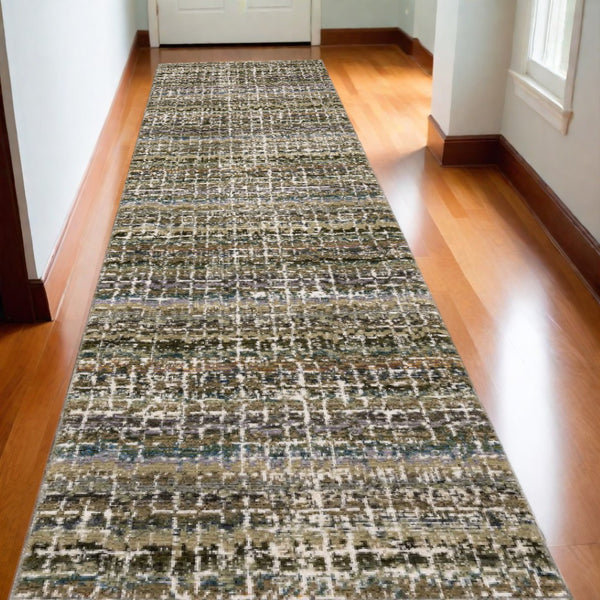 HomeRoots 10' Modern Gray and Ivory Abstract Area Rug - Durable, Stylish, Stain-Resistant for Any Room Green/ Multi 2'6" x 12' 510156