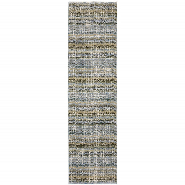HomeRoots 10' Modern Gray and Ivory Abstract Area Rug - Durable, Stylish, Stain-Resistant for Any Room Blue/ Green 2'6" x 12' 510165