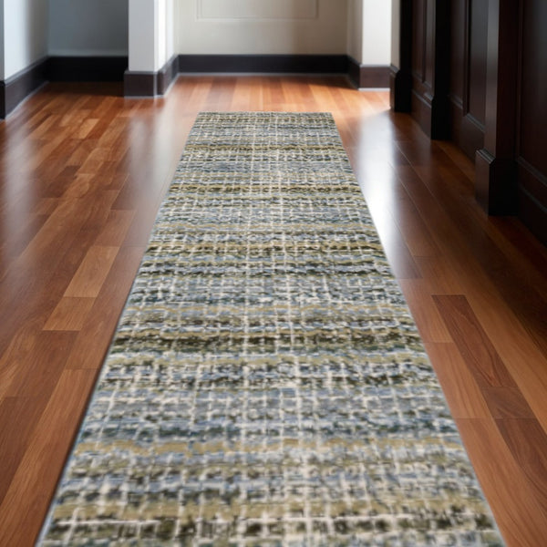 HomeRoots 10' Modern Gray and Ivory Abstract Area Rug - Durable, Stylish, Stain-Resistant for Any Room Blue/ Green 2'6" x 12' 510165