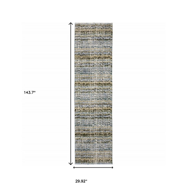 HomeRoots 10' Modern Gray and Ivory Abstract Area Rug - Durable, Stylish, Stain-Resistant for Any Room Blue/ Green 2'6" x 12' 510165