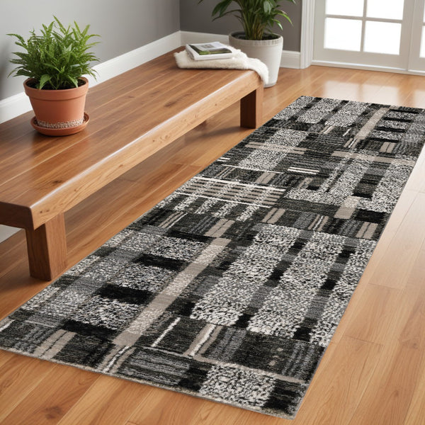 Homeroots 8' Runner Gray And Black Geometric Power Loom Runner Rug Black,Grey Other Material 510191