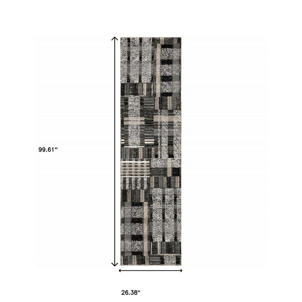 Homeroots 8' Runner Gray And Black Geometric Power Loom Runner Rug Black,Grey Other Material 510191