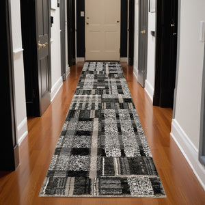 Homeroots 12' Runner Black Grey And Ivory Geometric Power Loom Runner Rug Black,Grey Other Material 510192