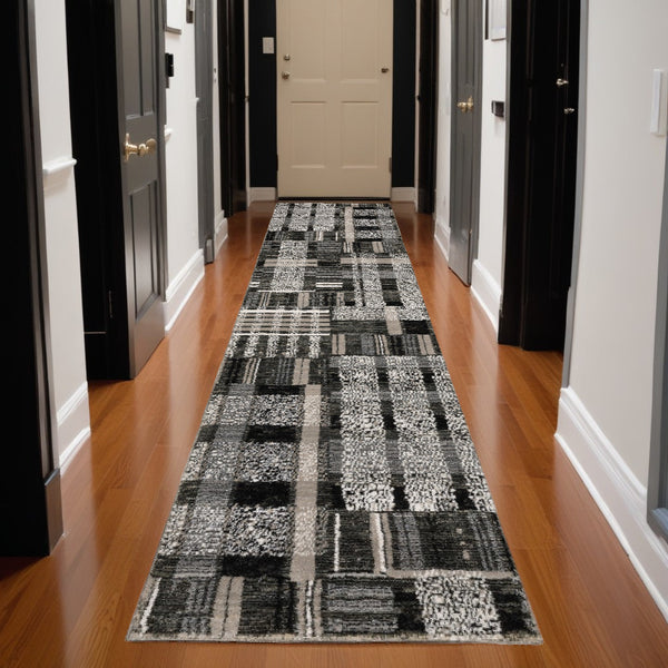 Homeroots 12' Runner Black Grey And Ivory Geometric Power Loom Runner Rug Black,Grey Other Material 510192