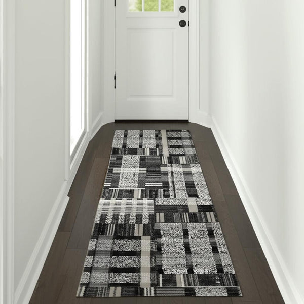 HomeRoots 10' Geometric Power Loom Area Rug – Stylish, Durable, and Family-Friendly Design for Modern Spaces Black/ Grey 2'6" x 12' 510192