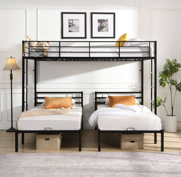English Elm Full Metal Triple Bunk Bed Full over Twin over Twin with Vertical Ladder, Safety Rails & Shelf Black W2297S00026