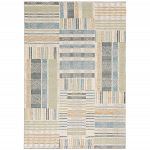 Homeroots 10' X 13' Gray And Ivory Geometric Power Loom Area Rug Blue,Green Other Material 510198