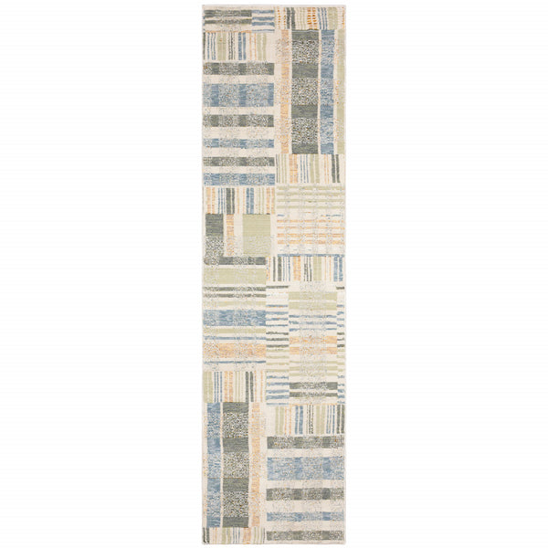 Homeroots 8' Runner Gray And Ivory Geometric Power Loom Runner Rug Blue,Green Other Material 510200