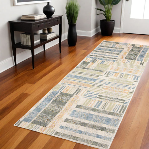 Homeroots 8' Runner Gray And Ivory Geometric Power Loom Runner Rug Blue,Green Other Material 510200