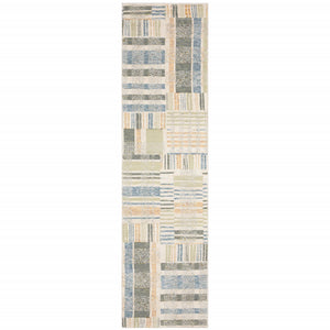 Homeroots 12' Runner Green Grey And Ivory Geometric Power Loom Runner Rug Blue,Green Other Material 510201