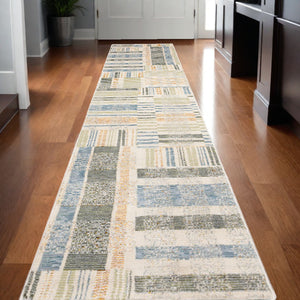 Homeroots 12' Runner Green Grey And Ivory Geometric Power Loom Runner Rug Blue,Green Other Material 510201