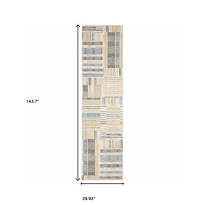 Homeroots 12' Runner Green Grey And Ivory Geometric Power Loom Runner Rug Blue,Green Other Material 510201