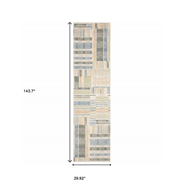 Homeroots 12' Runner Green Grey And Ivory Geometric Power Loom Runner Rug Blue,Green Other Material 510201