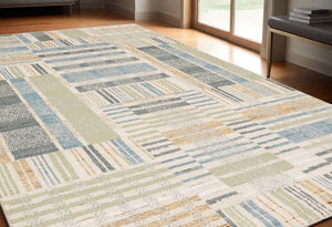 Homeroots 5' X 7' Gray And Ivory Geometric Power Loom Area Rug Blue,Green Other Material 510203
