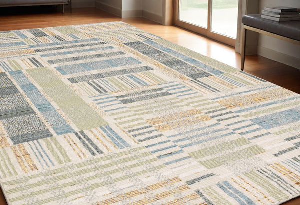 Homeroots 5' X 7' Gray And Ivory Geometric Power Loom Area Rug Blue,Green Other Material 510203
