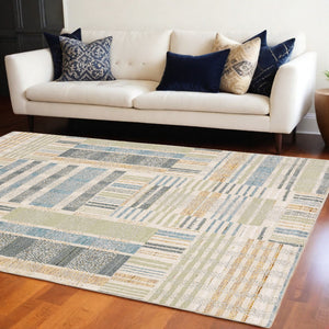 Homeroots 7' X 10' Gray And Ivory Geometric Power Loom Area Rug Blue,Green Other Material 510204